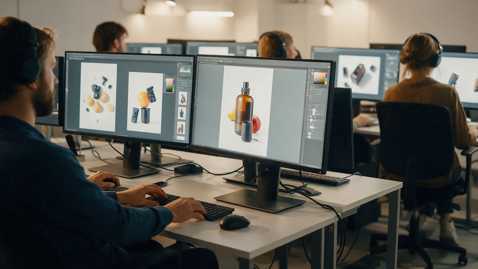 Busy studio production floor: editors at dual monitors reviewing a batch of product images. Doubles as the CMS featured_image and blog-listing thumbnail.