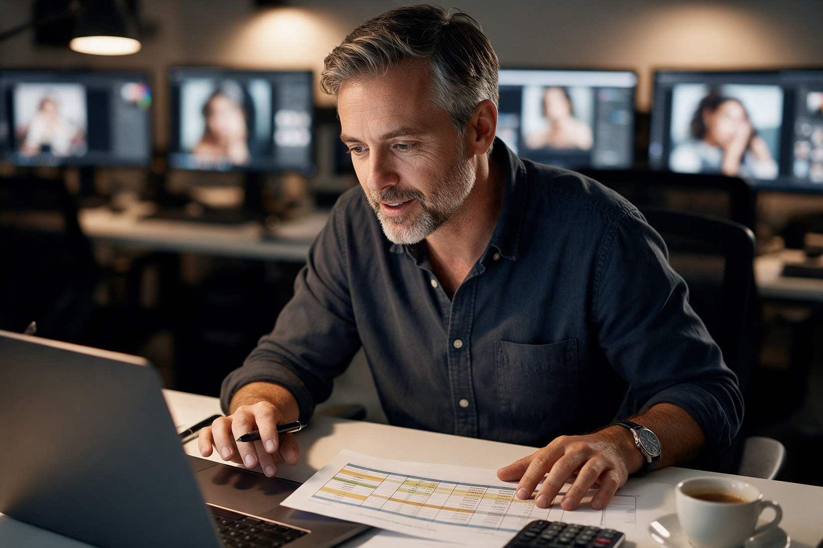 A studio manager or retoucher reviewing a cost breakdown or production schedule at a desk. Breaks up the densest math section before the lighter bullet-list section that follows.