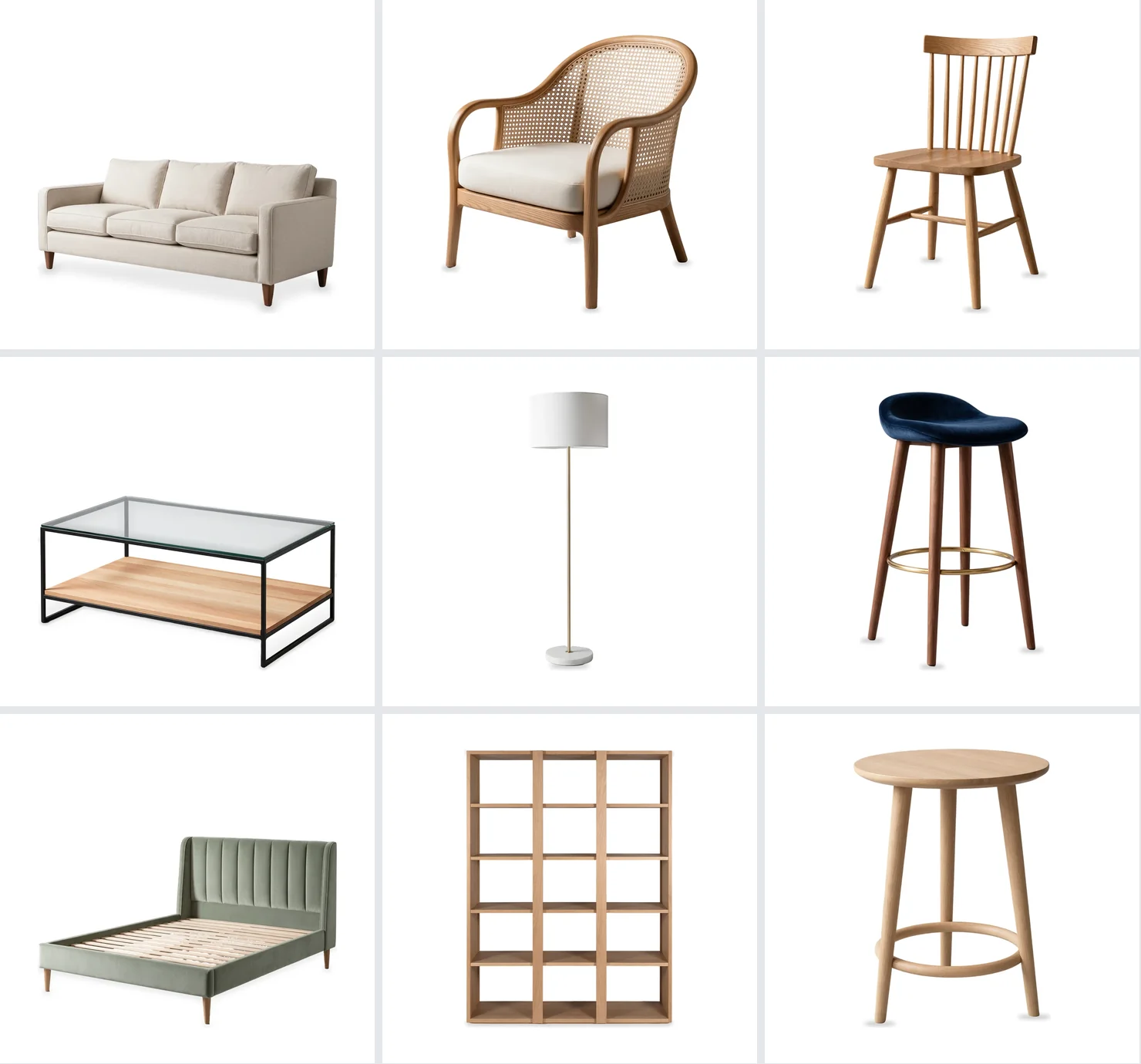 Grid of furniture pieces edited on matching white backgrounds for a retail catalog