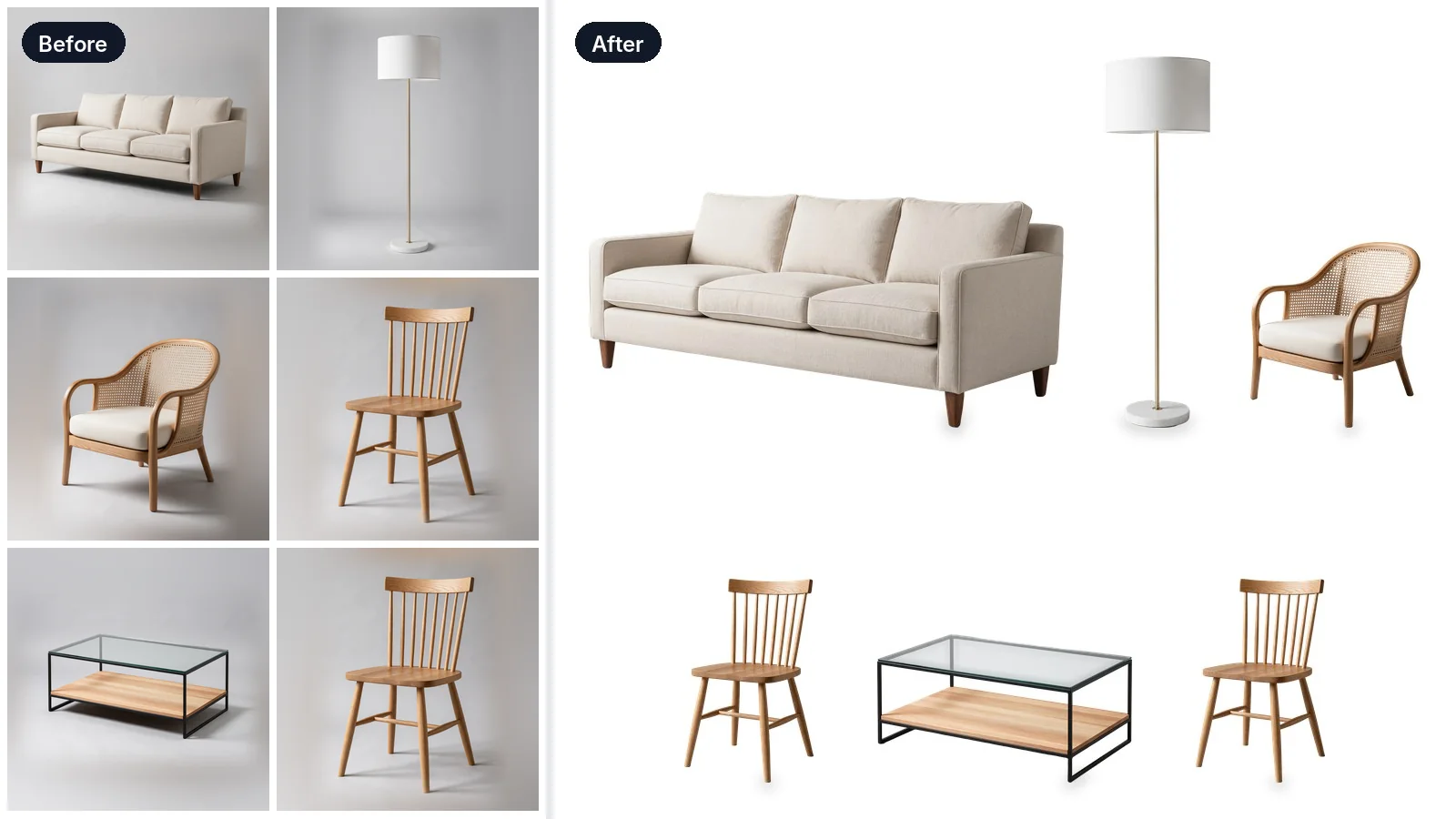 Furniture collection edited on white: sofa, armchair, dining chairs, coffee table and floor lamp with matching floor shadows
