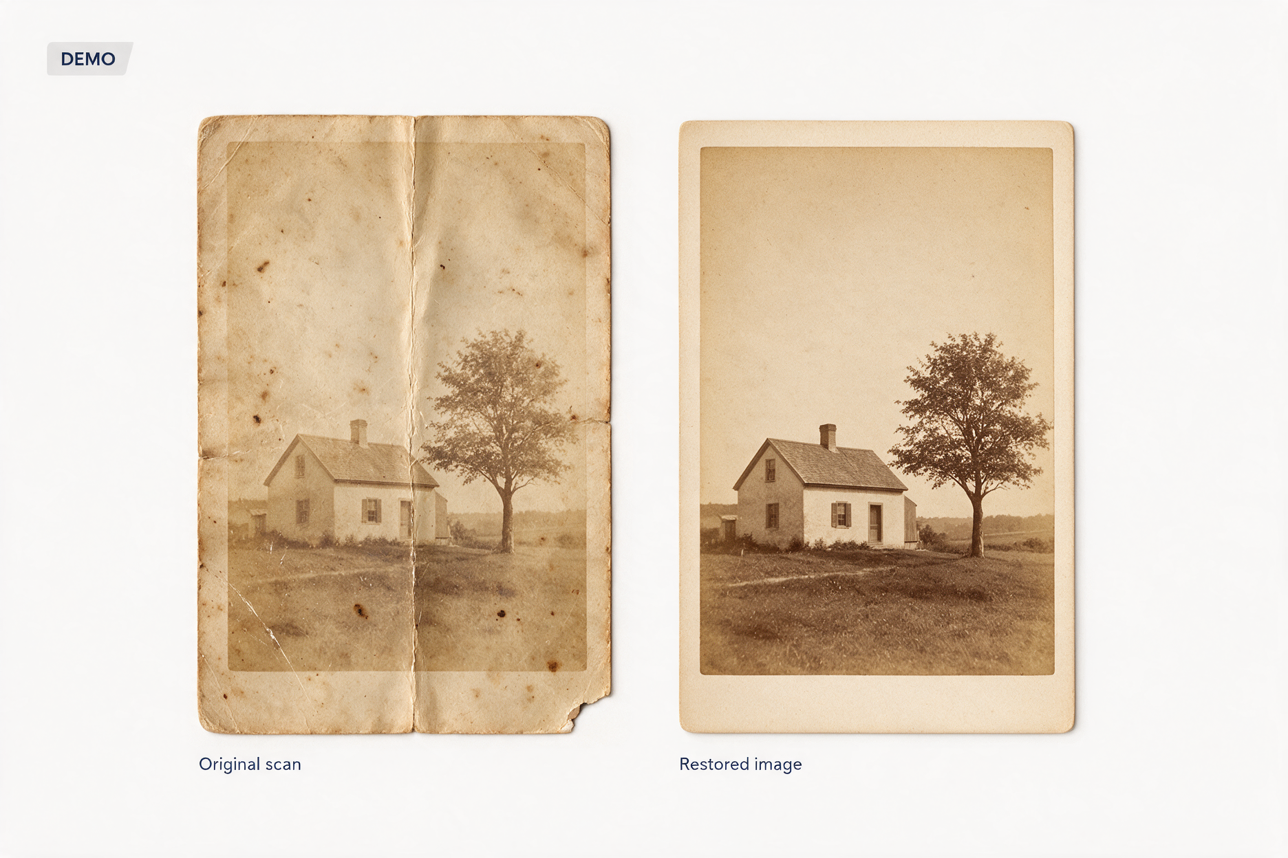 Demo illustration of a damaged vintage photograph before and after restoration