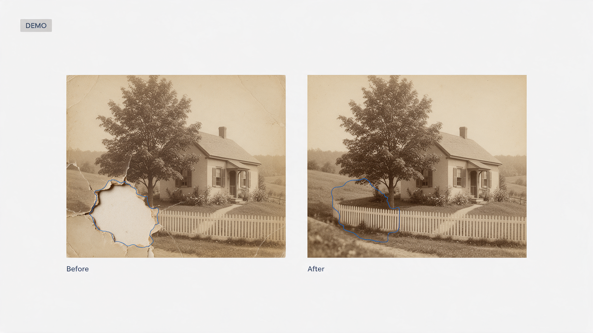 Demo illustration of a reconstructed area of a photograph before and after, outlined in blue