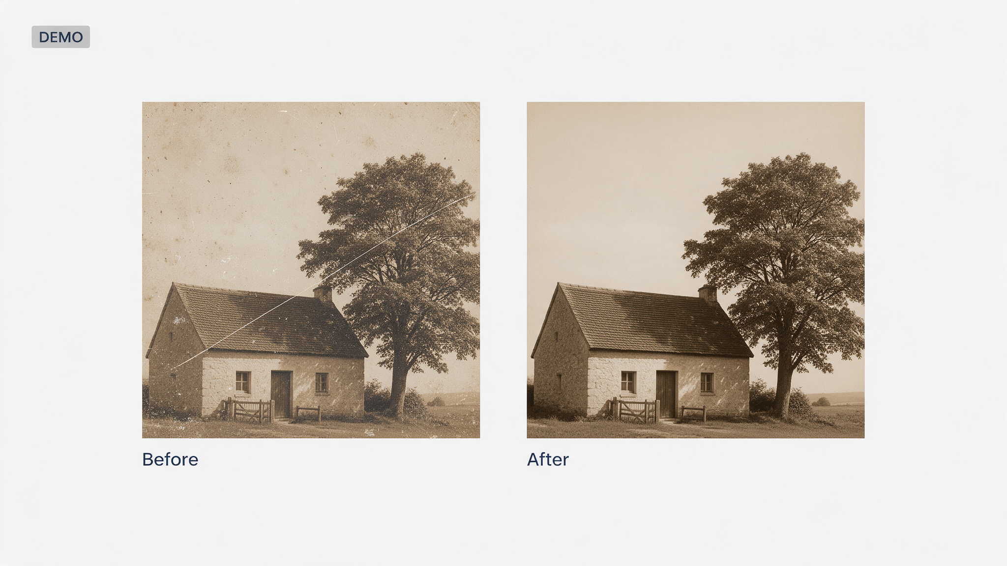 Demo illustration of a scratch crossing a photograph before and after repair