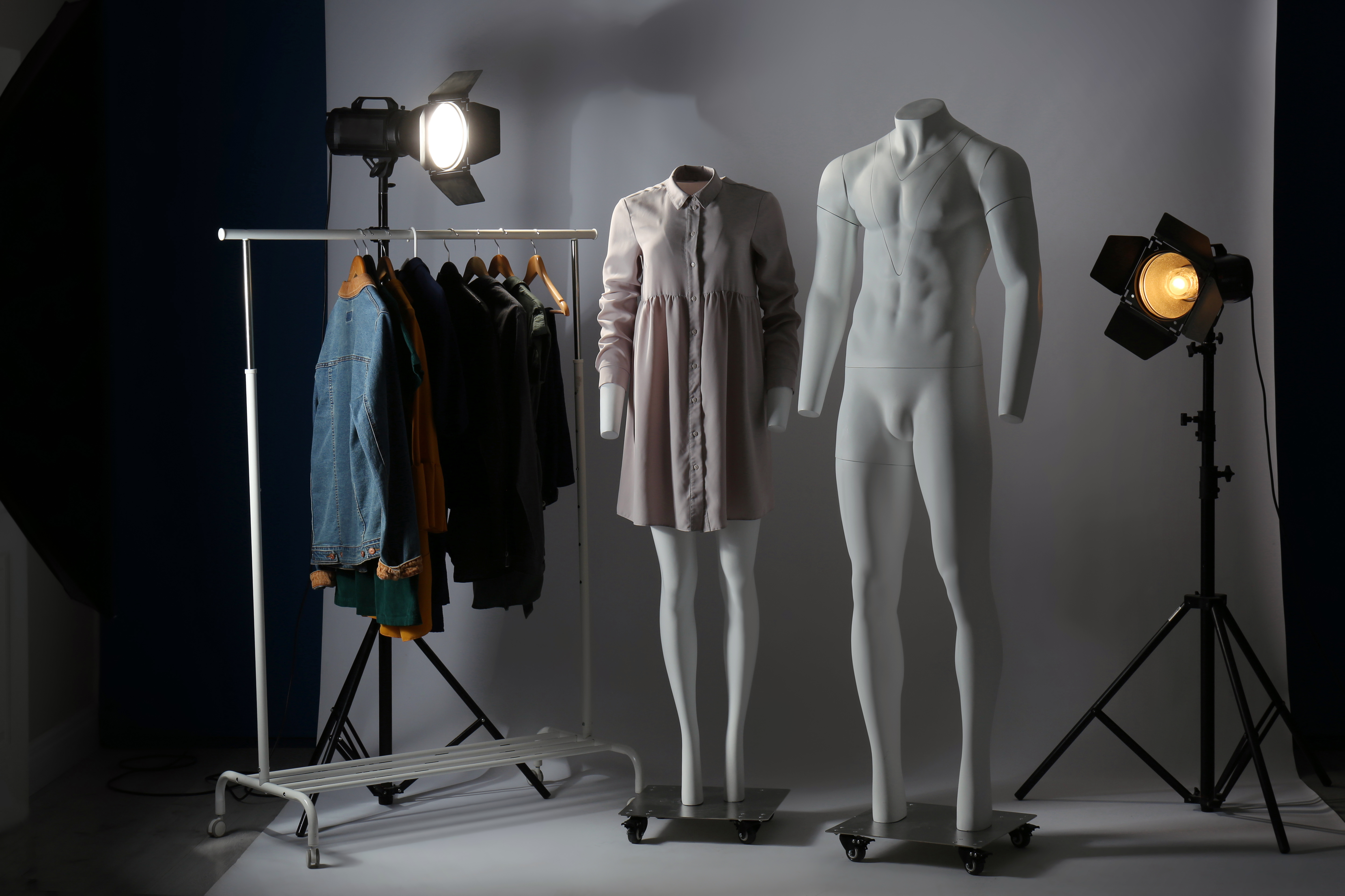 Ghost mannequin apparel and studio lighting used for ecommerce catalog production
