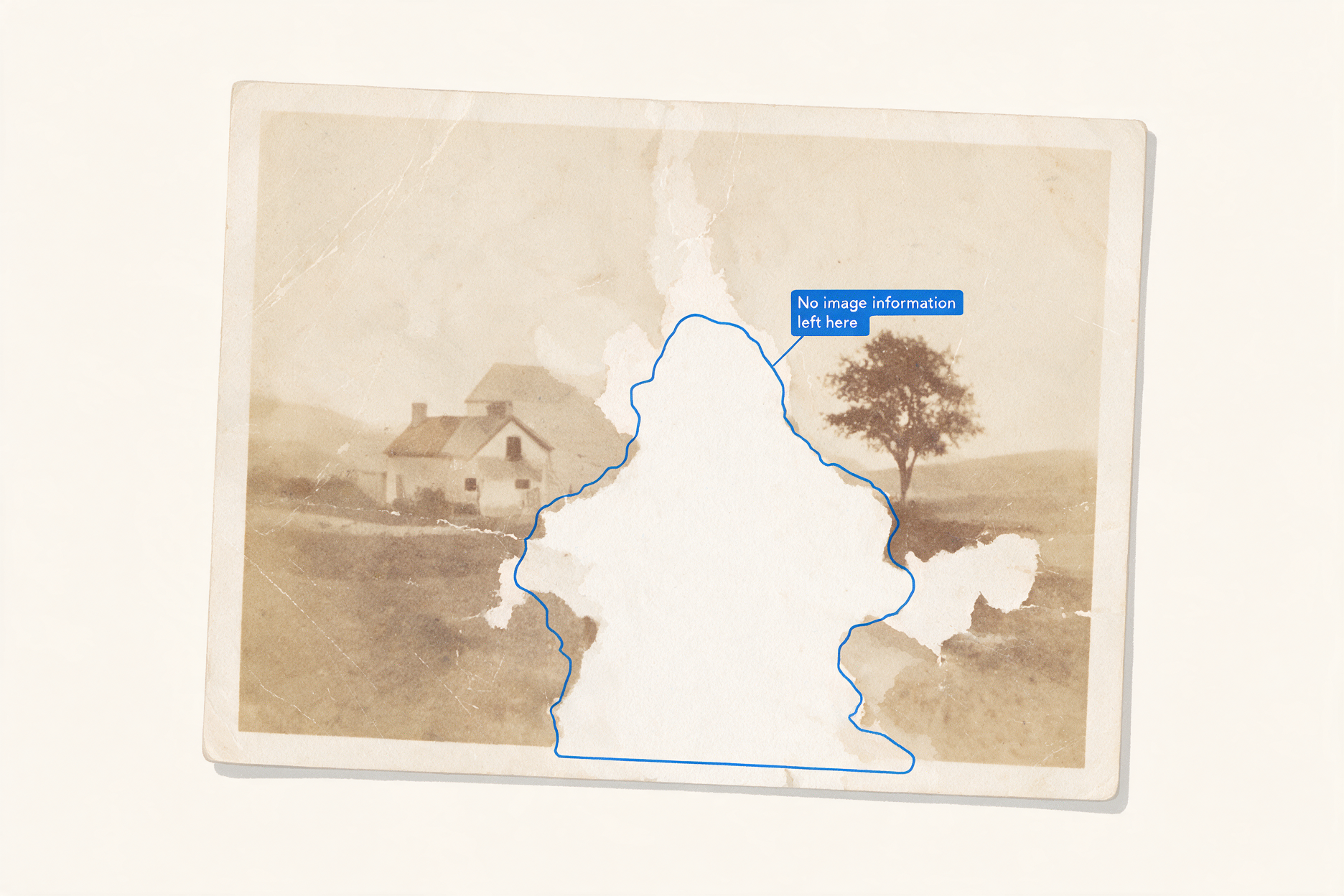 Illustration of a damaged photograph with the missing area outlined to show where no image information remains