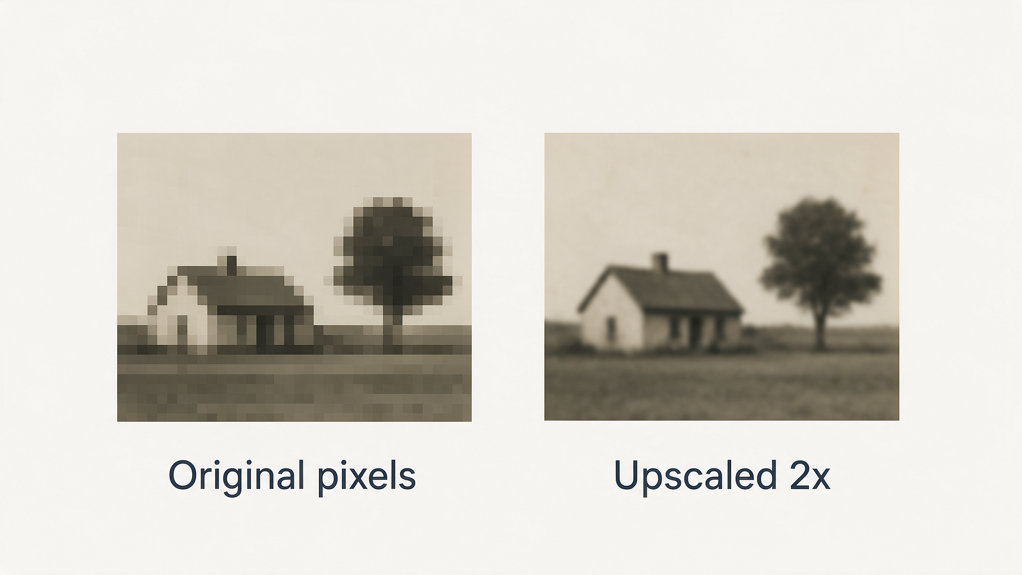 Illustration of a small crop at original resolution and after upscaling, with no added real detail