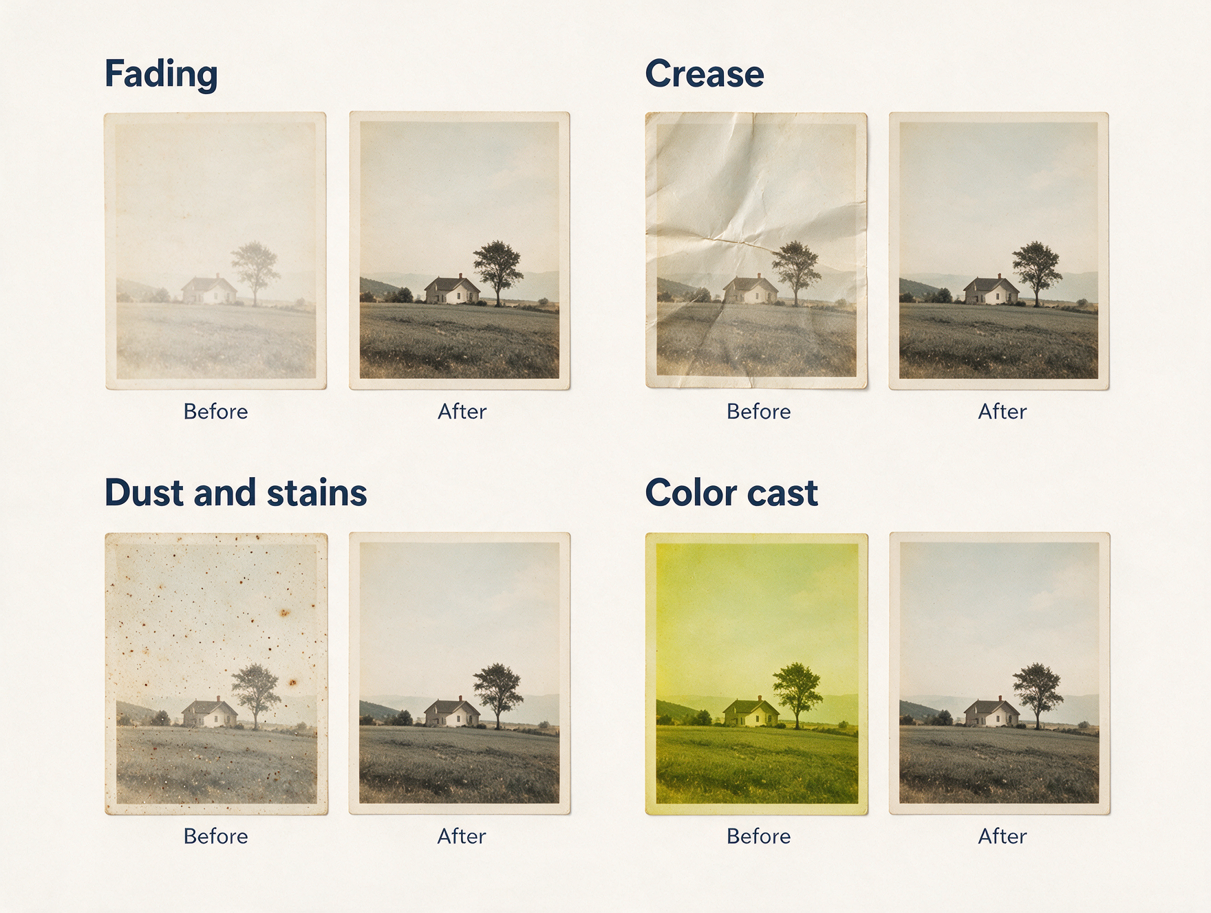 Illustration of four before and after examples of damage that can usually be recovered: fading, a crease, dust and stains, and a color cast