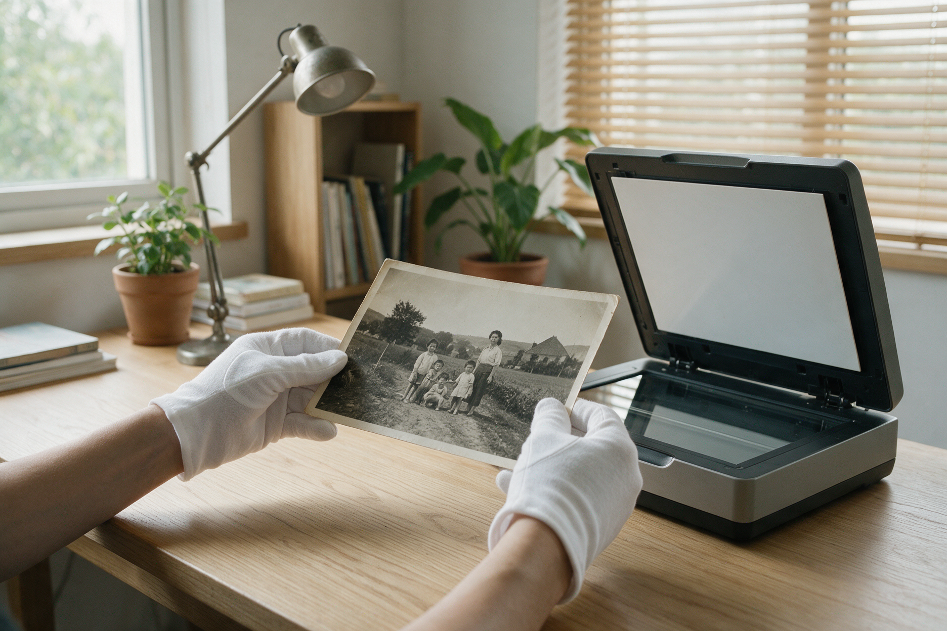 Illustration of gloved hands holding a vintage print by its edges beside a flatbed scanner