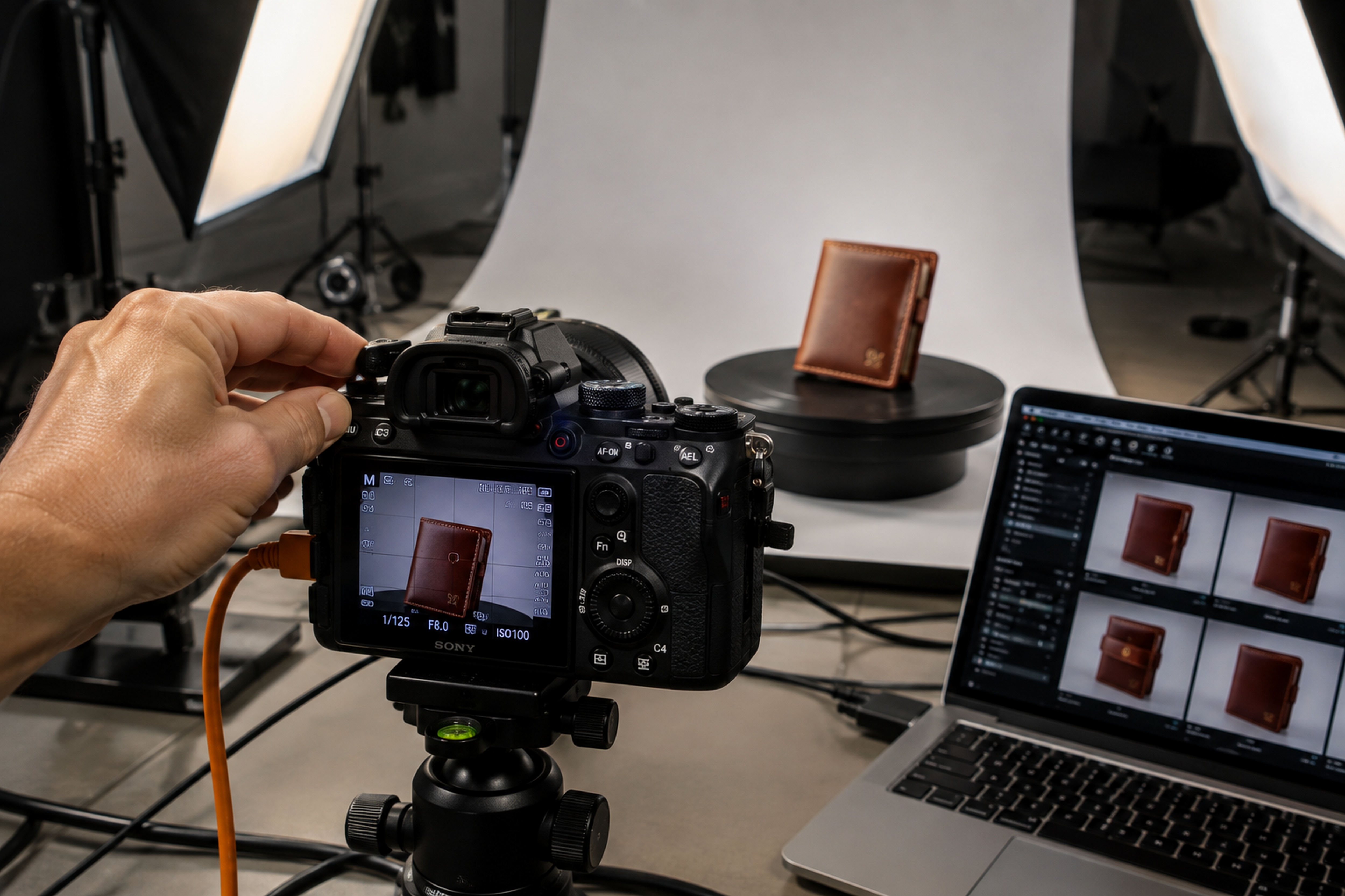 Photographer shooting a leather wallet for an ecommerce product catalog