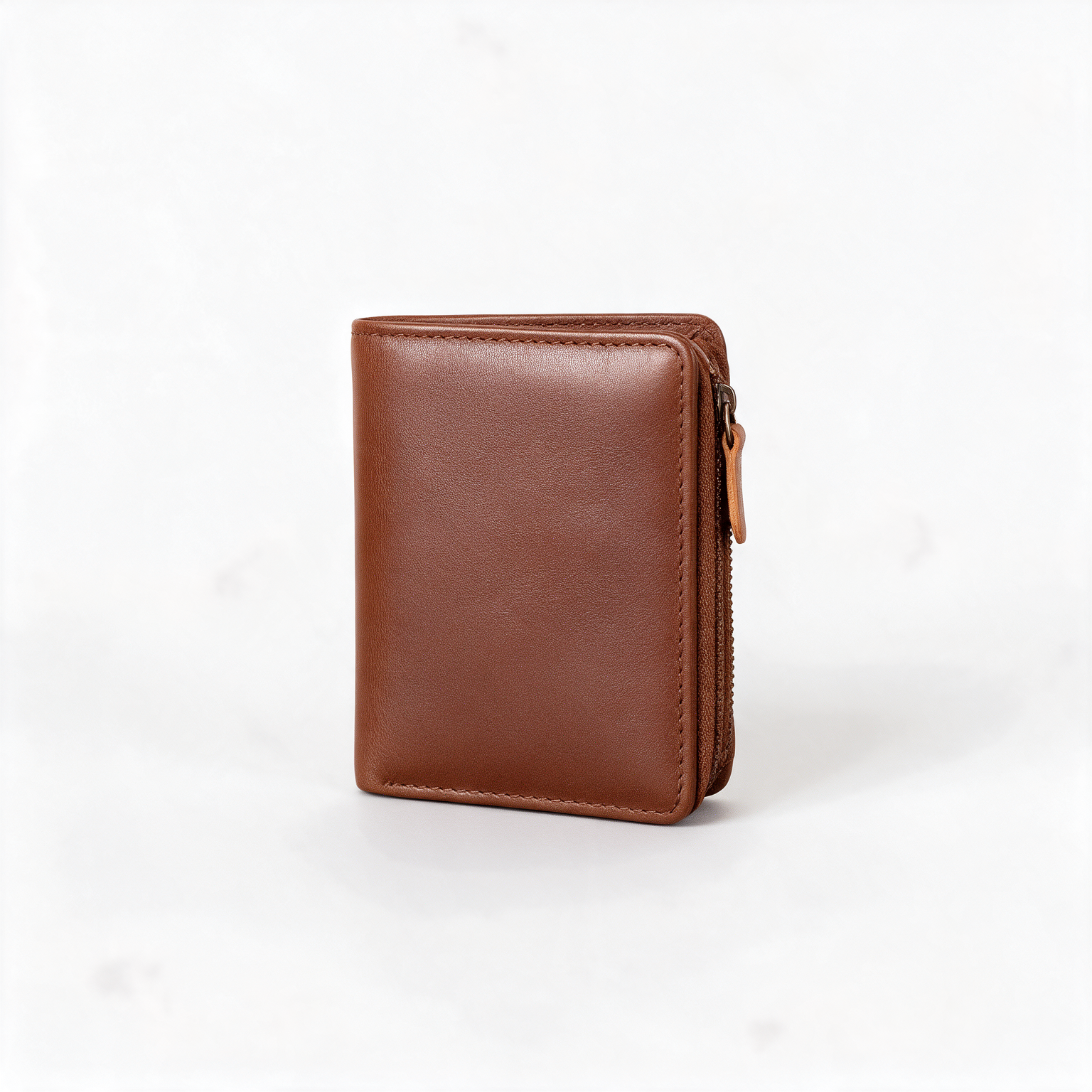 Same leather wallet after editing on a pure white background with a soft natural shadow