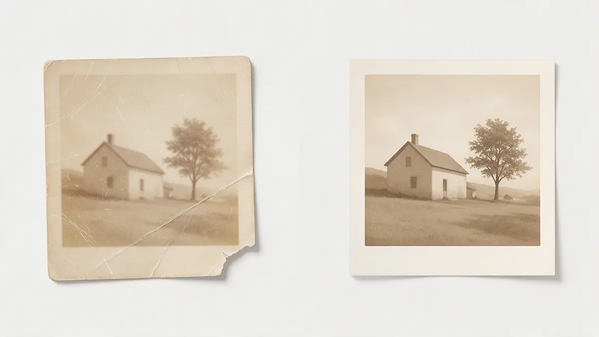 Close crop of a severely damaged vintage family photograph before and after restoration